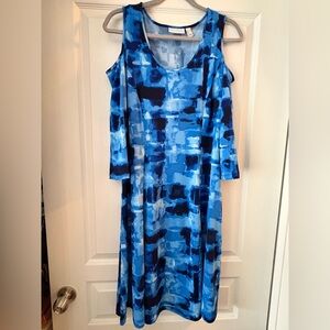 Susan Graver Blue Abstract Print Liquid Knit Cold Shoulder Dress
